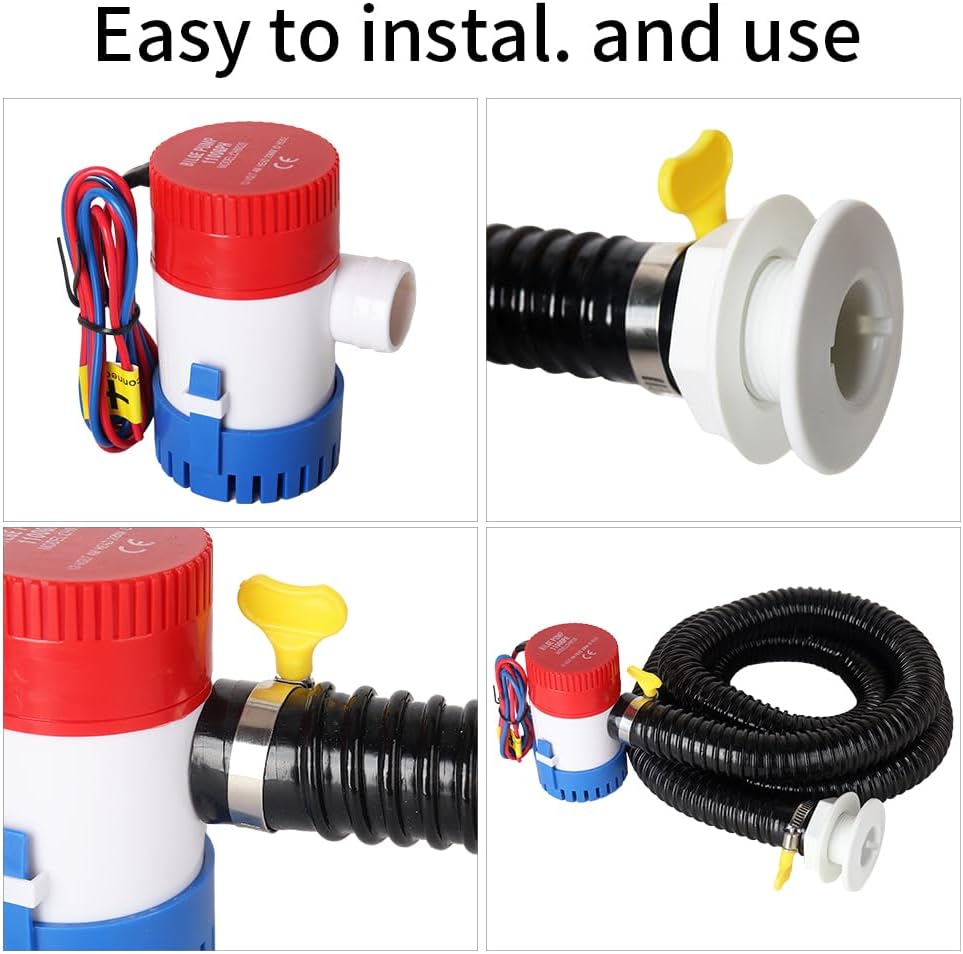 12v 1100GPH Boat Bilge Water Pump, 1-1/8 Inch Dia Bilge Pump Plumbing Kit, 6.5 FT Bilge Pump Hose, 2 Stainless Steel Clamps and Thru-Hull Fitting (Five-Piece)