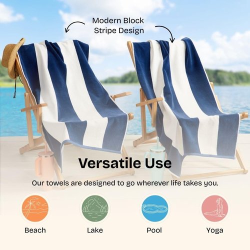 Loon & Lake Sand Resistant Beach Towels Set of 2 | Waffle Weave Reverse to Plush Velour Block Stripe | 2 Pack 30" x 60" | Crafted from 100% Combed Cotton | Wolfeboro Collection - Navy Blue