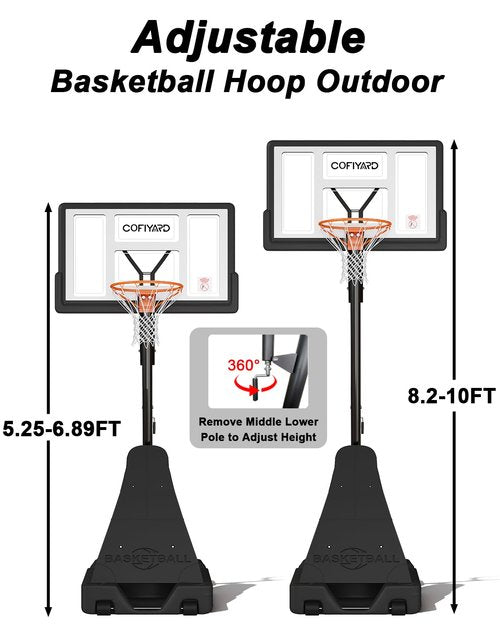 Cofiyard Basketball Hoop Outdoor with 44 Inch Shatterproof Backboard, 5.25-10FT Height Adjustable Basketball Hoop Goal System with Portable Wheels for Youth and Adults