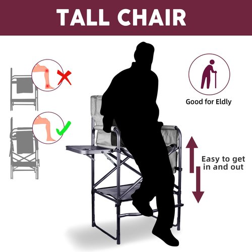 Foristrail 30" Tall Directors Chair with Side Table, 400LBS Bar Height Folding Camping Chair for Makeup Artists, Outdoor Events, Portable Foldable Chair with Cup Holder & footrest - Gray/Black