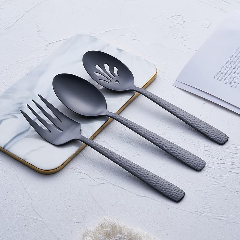 Matte Black 2 Spoons & 2 Slotted Spoons & 2 Forks Serving Utensil Set (FULLYWARE) - 9.5" Heavy-Duty 18/0 Stainless