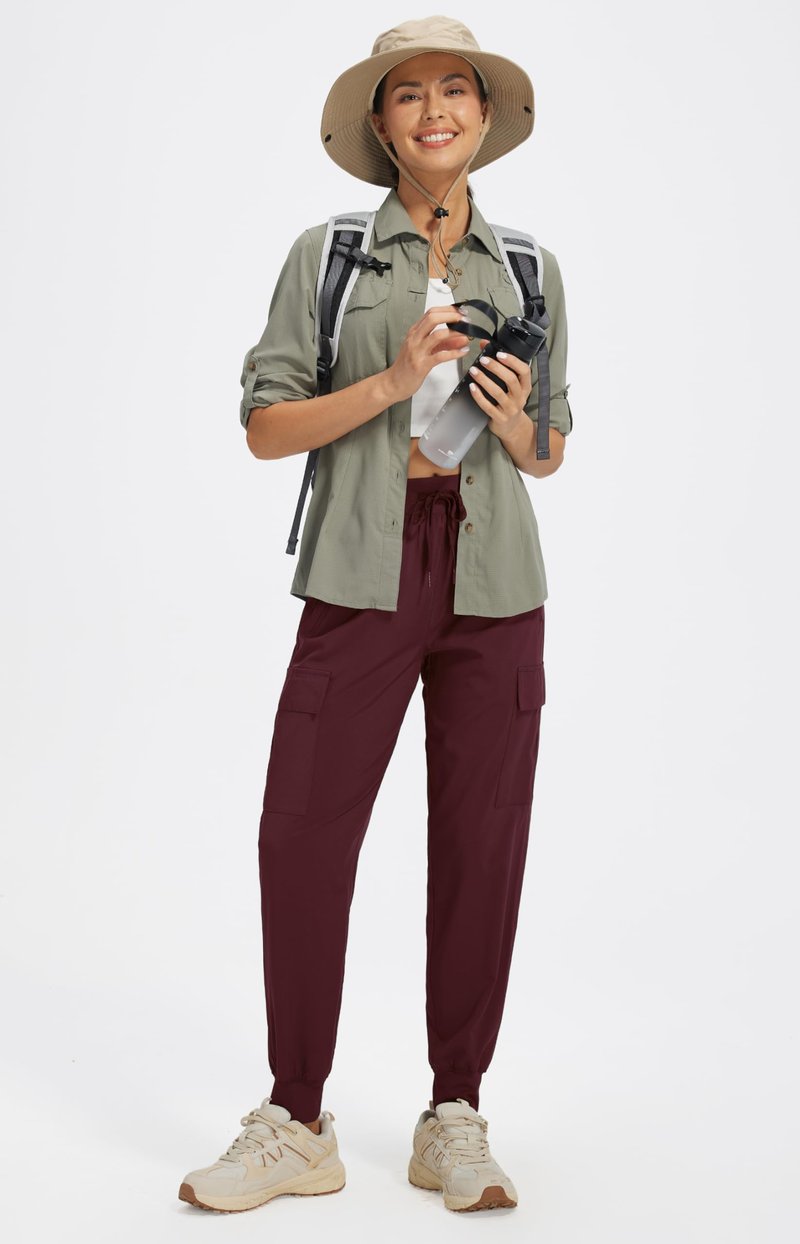 Libin Women's Cargo Joggers Lightweight Quick Dry Hiking Pants Athletic Lounge Casual Travel, Wine Red L