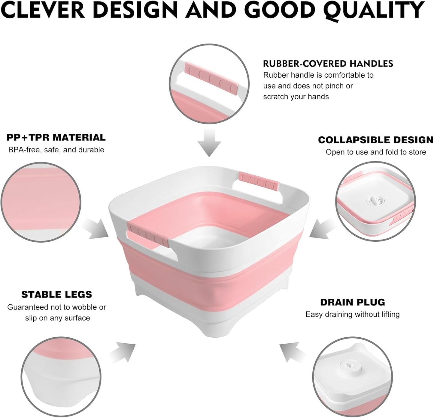 2.4Gal (9L) Collapsible Wash basin With Drain Plug, Suitable For Kitchen Sinks/Outdoor Camping/RV Use, Space-Saving, Highly Portable Washbasin Ideal For Travel (Gray)