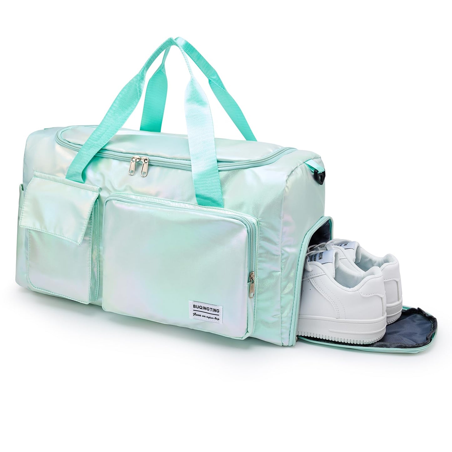 Shimmery Small Gym Bag for Women, Waterproof Travel Duffle Bag Carry On Weekender Bag with Shoe Compartment & Wet Pocket, Gym Tote Bag for Travel, Workout, Sport
