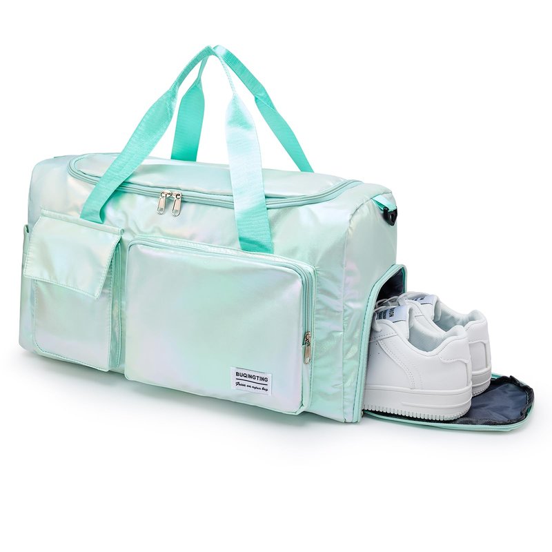 Shimmery Small Gym Bag for Women, Waterproof Travel Duffle Bag Carry On Weekender Bag with Shoe Compartment & Wet Pocket, Gym Tote Bag for Travel, Workout, Sport