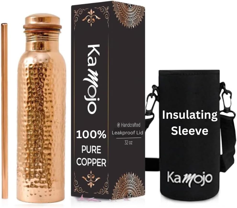 Kamojo Copper Water Bottle for Drinking - Hammered 100% Pure Copper Tumbler with Leak Proof Lid, Removable Insulating Sleeve & Straw - Handcrafted Ayurvedic Cup for Water 32 fl oz