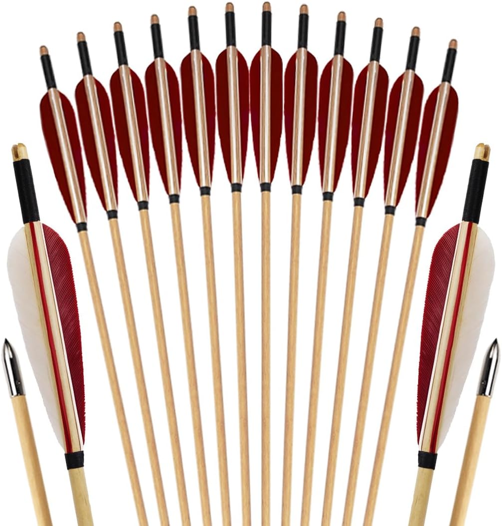 12 Pcs Archery Wooden Arrows with Feathers Handmade Targeting Arrows for Traditional Bow Recurve Bow Longbow for Adults 31inch
