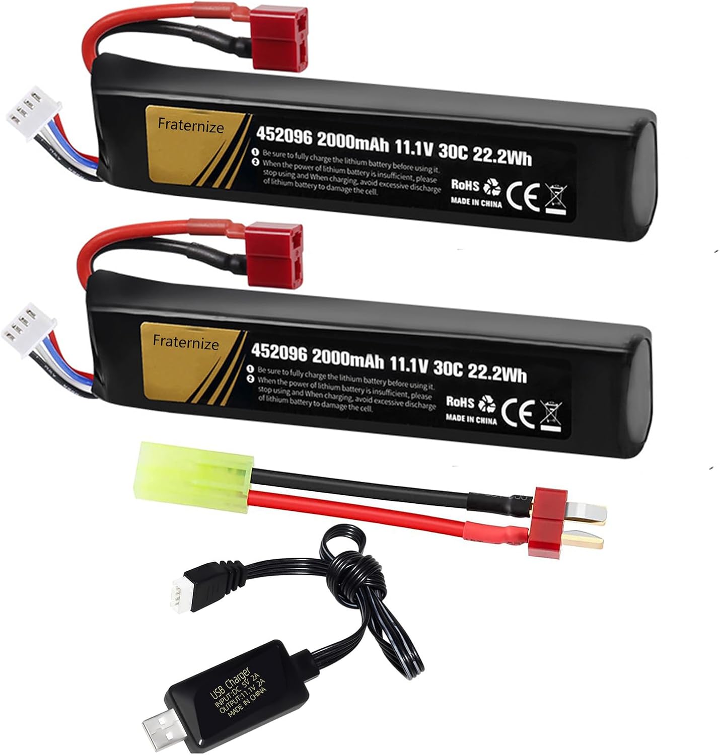 11.1V airsoft batteries 30C 2800mAh lipo battery airsoft T Plug with USB Charger T Plug to Mini Tamiya Cable Rechargeable Batteries for Airsoft gun Model splatrball gel blaster accessories-2pcs