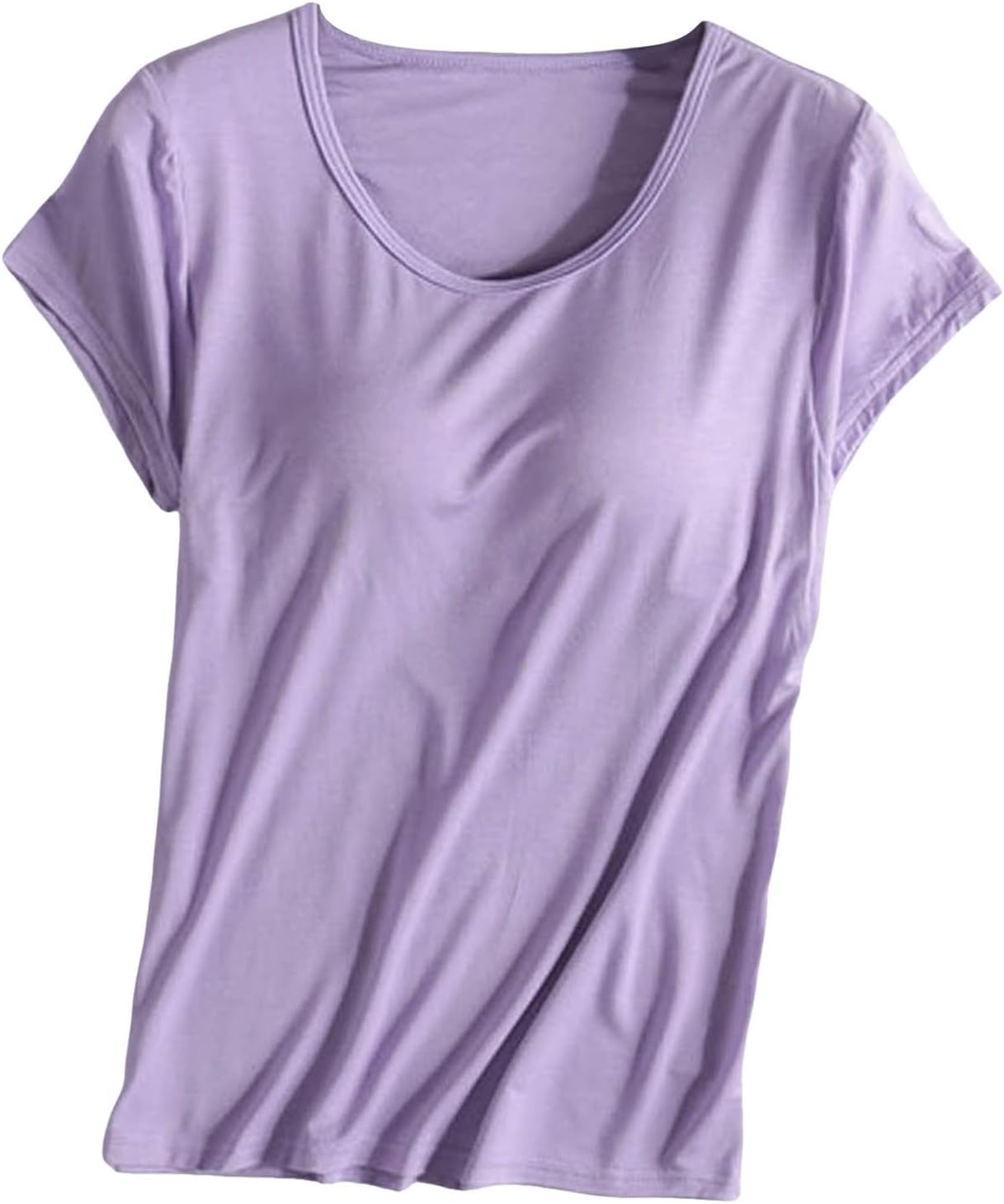 JiXiang Shirts with Built in Bras for Women Short Sleeves Crewneck Padded Tunics Tops Comfy Athletic Shelf Bra Active Tees