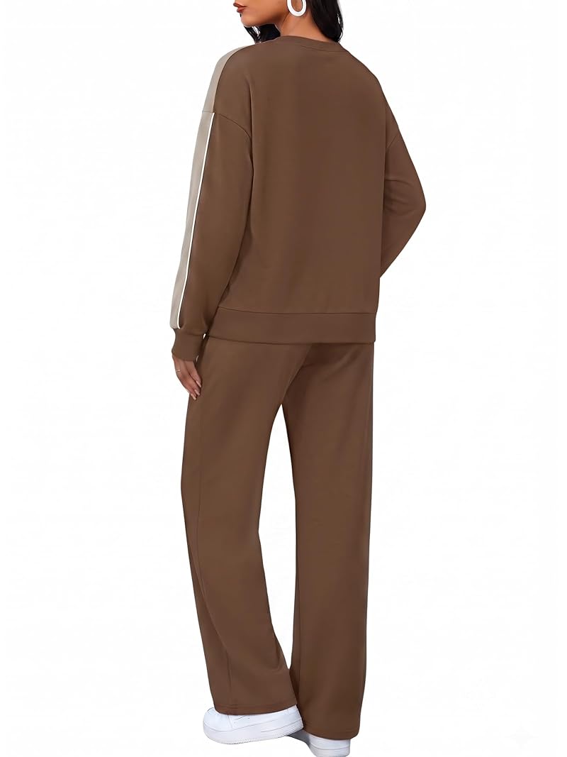 Casual 2-Piece Lounge Set for Women - Colorblock Knit Top & Wide-Leg Pants (Brown, Medium)