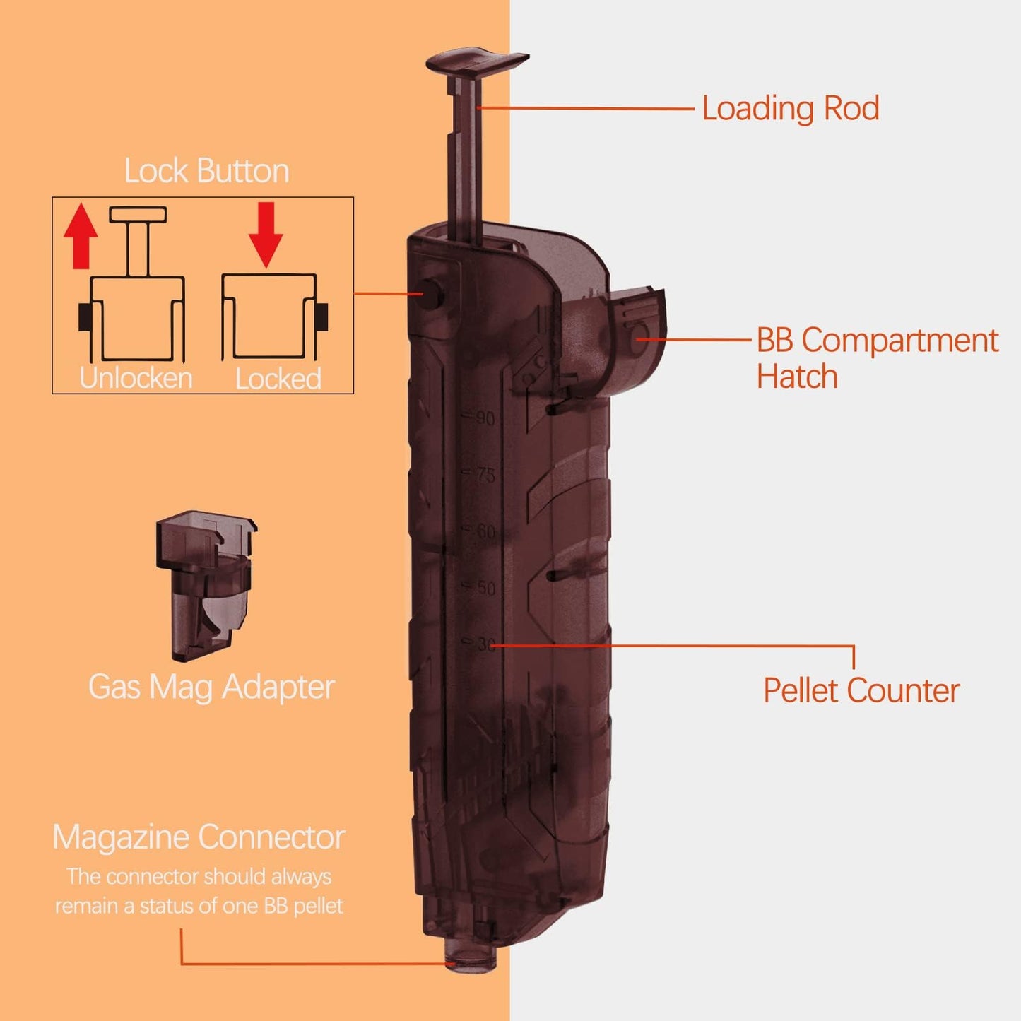 100 Rounds Airsoft Speed Loader 6mm BBS with Gas Magazine Adapter Quick Loading - Black+Brown