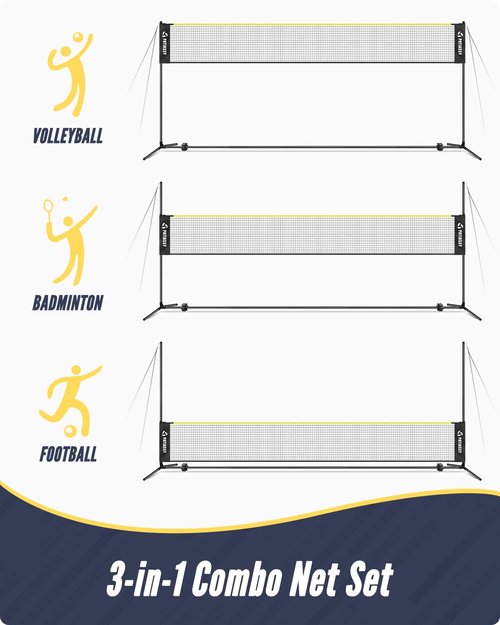 Patiassy 5.1ft-7.4ft Adjustable Height Volleyball Badminton Net Set 17ft Portable Sports Net with Poles, 4 Badminton Rackets, 3 Shuttlecocks and 1 Volleyball for Indoor Outdoor