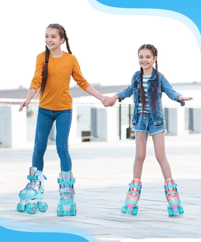 Sportneer Adjustable Kids Roller Skates with Light Up Wheels, 4 Sizes Fit for Girls Boys Ages 5–12, Fun Outdoor Indoor Quad Skates for Beginners, Safe Gift Set with Protective Gear Included