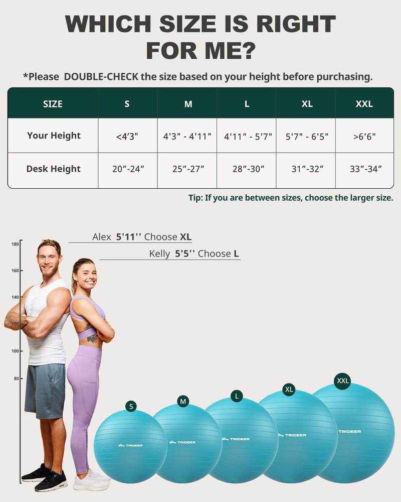 Trideer Extra Thick Yoga Ball Exercise Ball, 5 Sizes Gym Ball, Heavy Duty Ball Chair for Balance, Stability, Pregnancy, Quick Pump Included