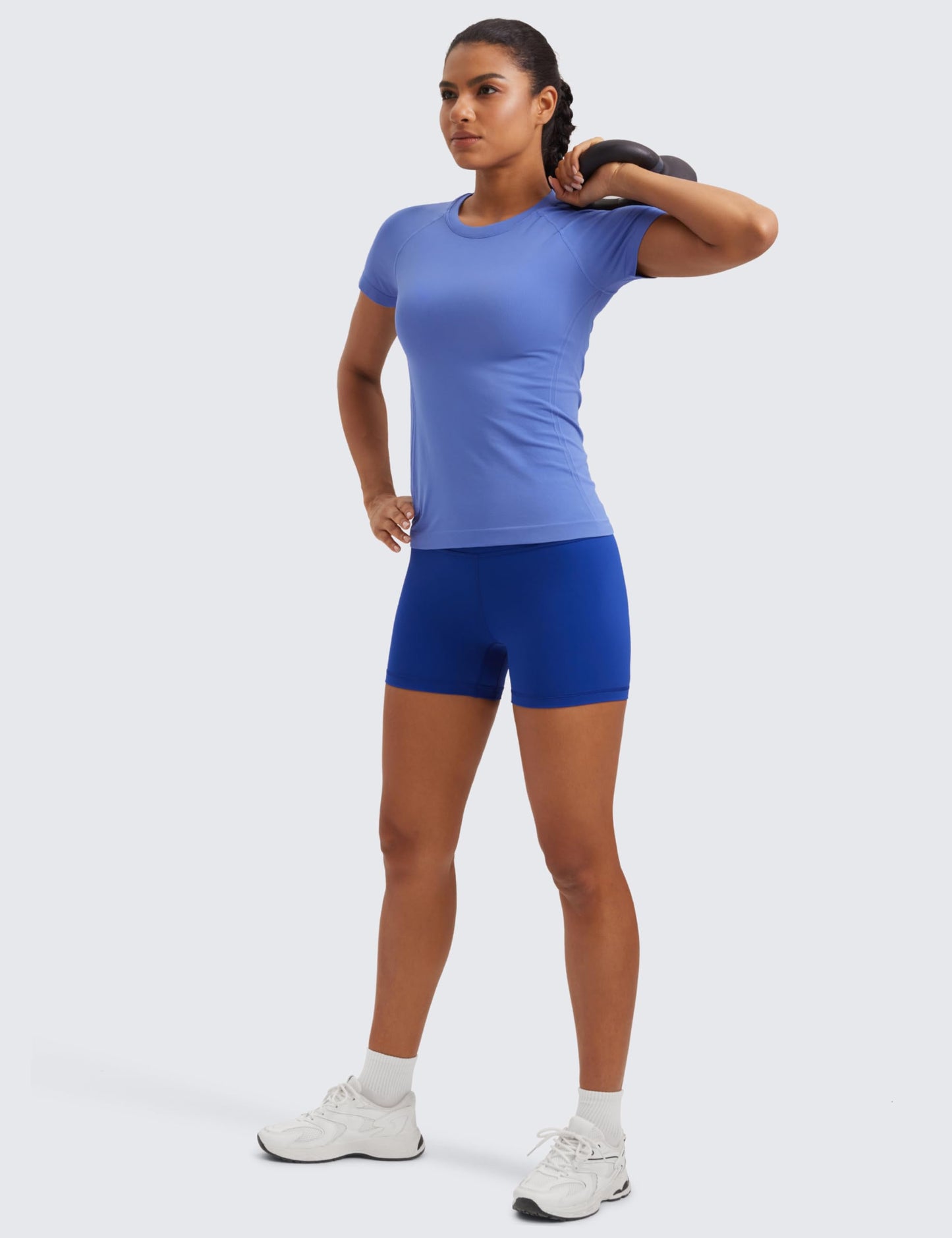 CRZ YOGA Seamless Workout Tops for Women Hip Length - Athletic Running Gym Yoga Short Sleeve Shirts Breathable Crewneck Tees Wild Indigo X-Large