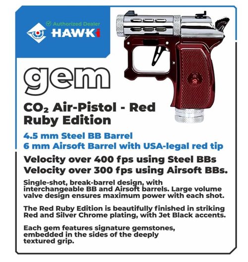 Hawki Gem CO2 .177 Cal Air Pistol Red Ruby Edition, Self-Defence, 1-Shot, 400+ FPS, Single Action with Adapter, 5X CO2 Cylinders (12g), 100x Steel BBS (.177 Cal), 100x Airsoft BBS (6mm) Bundle