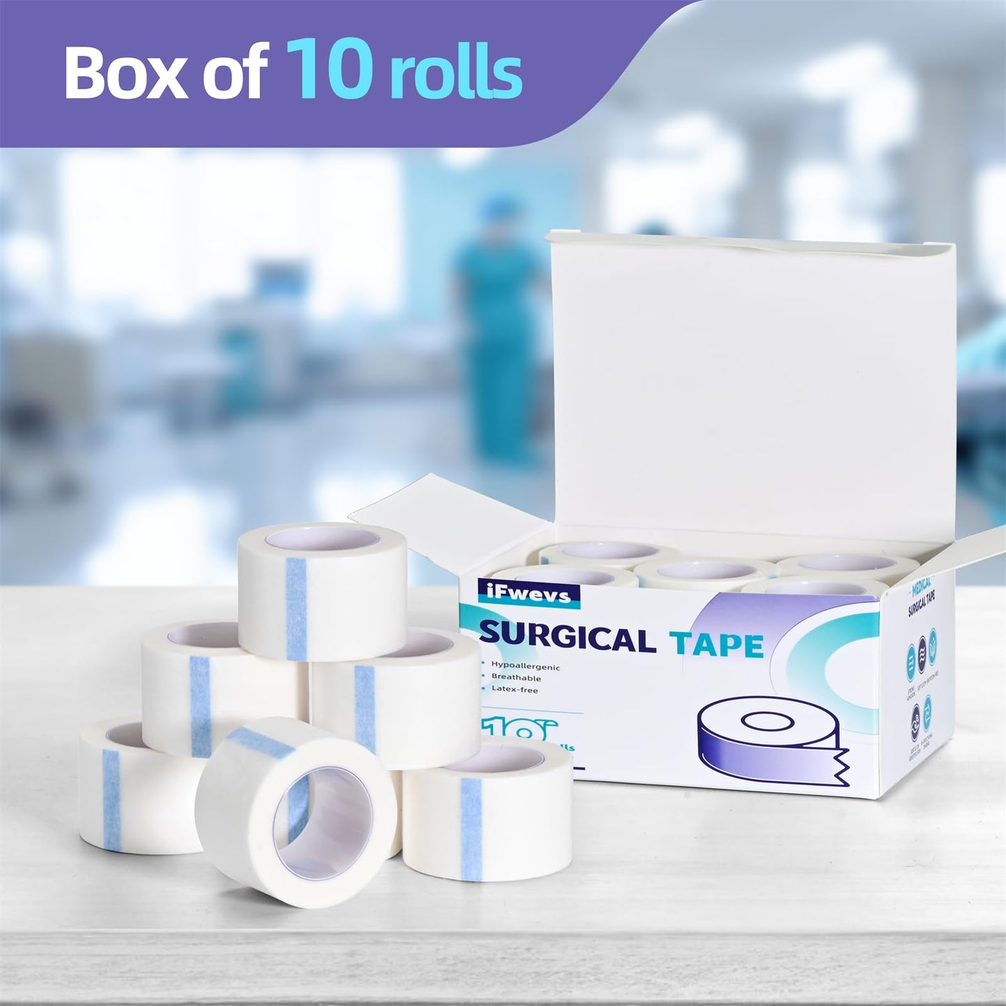 iFwevs Paper Medical Tape 10 Rolls - 1" x 10 Yards Latex-Free & Hypoallergenic Soft Paper Surgical Tape, Applicable to Surgical Tape for Skin, Dressings, Wound First Aid Tape