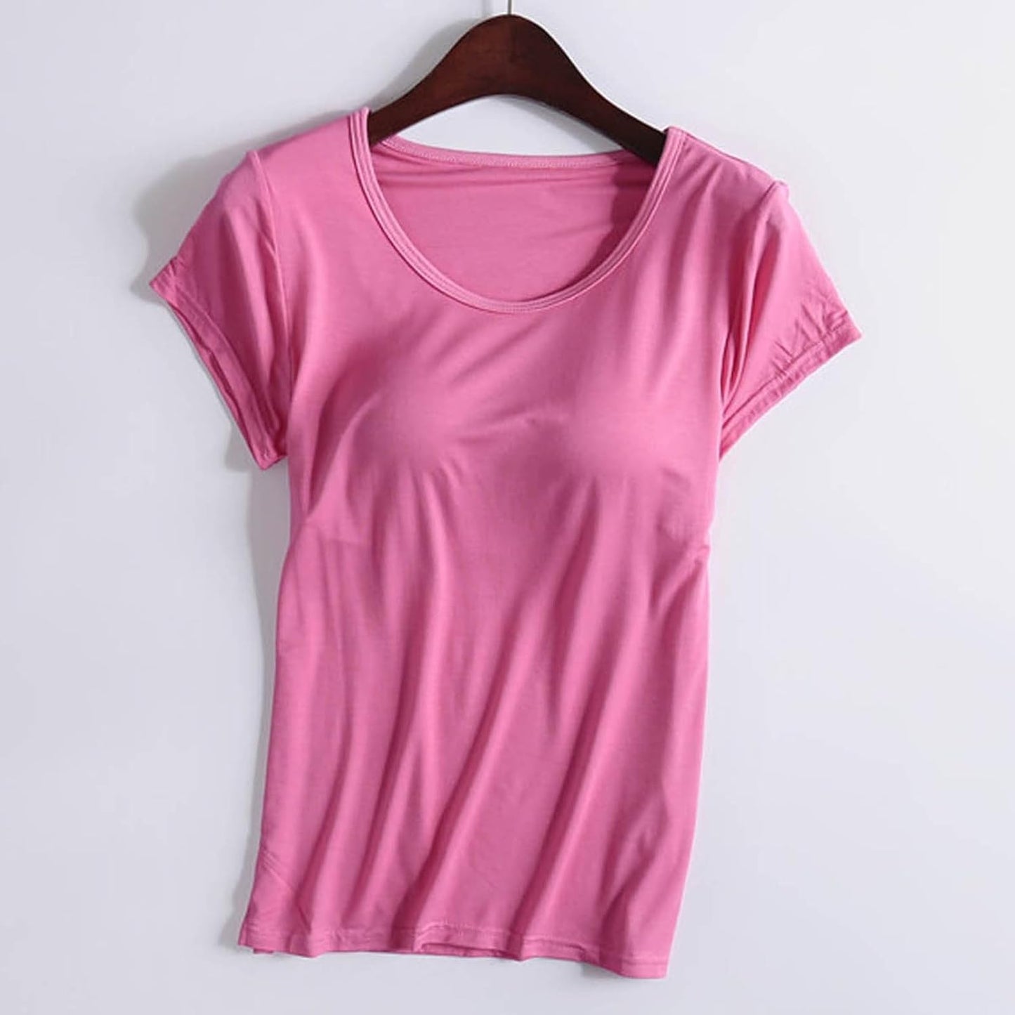 JiXiang Shirts with Built in Bras for Women Short Sleeves Crewneck Padded Tunics Tops Comfy Athletic Shelf Bra Active Tees