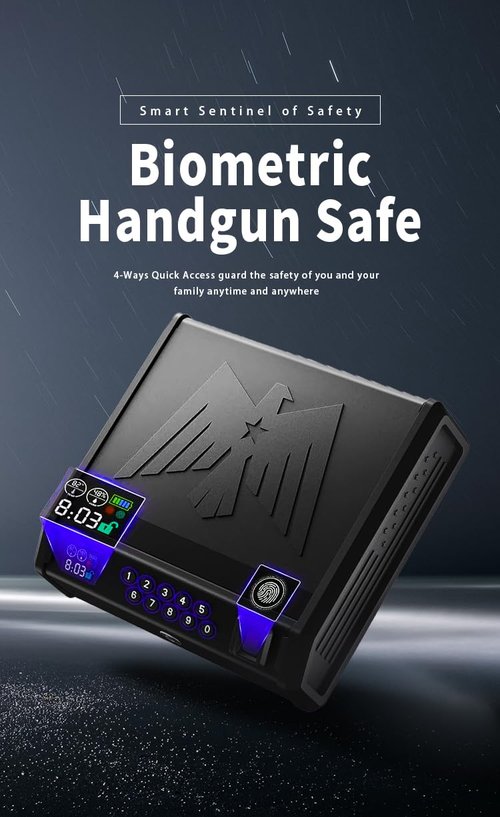 Biometric Gun Safe for Pistols - 3 Ways Unlock (Fingerprint/Digital PIN/Key) with Quick Access, LCD Temperature & Humidity Display, Solid Steel Safe for Home, Nightstand, Bedroom, Car and Cloakroom