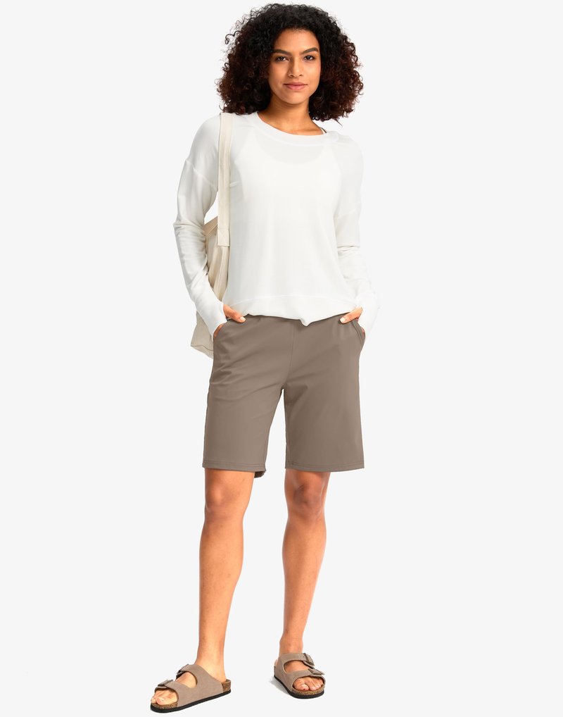 G Gradual Women's Bermuda Long Shorts with Pockets 9" High Waisted Knee Length Shorts for Women Walking Athletic Workout(Taupe,L)