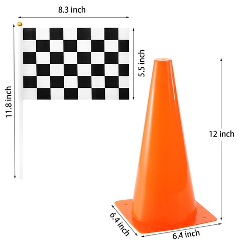 Bekith 12 Pack 12 Inch Plastic Traffic Cones with Racing Chequered Flags, Orange Agility Sports Cones, Thick Soccer Training Cones for Outdoor Activity, Festive Events, Fitness Training