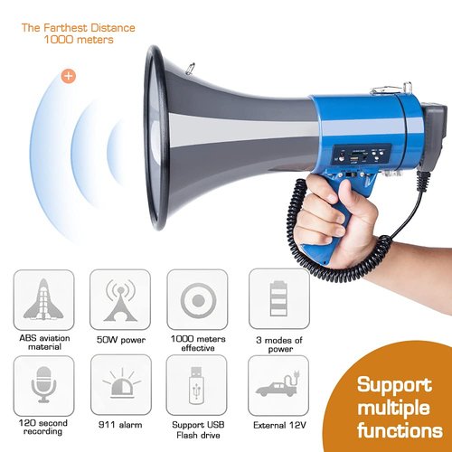 Professional 50 Watt Large Megaphone Bullhorn with Detachable Microphone, USB/SD/MMC reader, AUX Input, recording and Siren - Perfect for Indoor/Outdoor Sporting Events and Crowd Control (Blue)