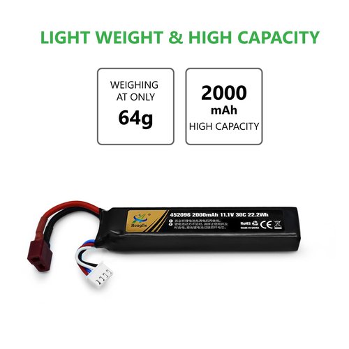 11.1V LiPo Airsoft Battery with Connector 2000mAh 30C Rechargeable Stick Batteries for Airsoft Guns Airsoft Rifle