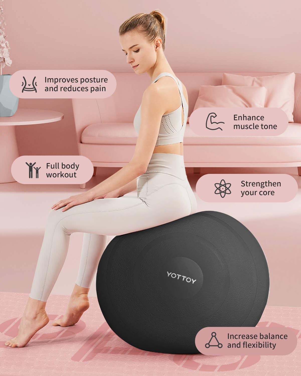 YOTTOY Anti-Burst Exercise Ball for Working Out, Yoga Ball for Pregnancy,Extra Thick Workout Ball for Physical Therapy,Fitness with Pump (Dark)
