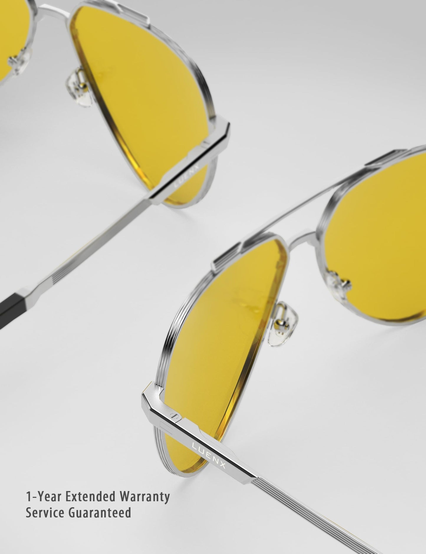 LUENX Night Vision Glasses,Aviator Polarized Sunglasses for Men Women Driving Yellow Lens Silver Frame Anti Glare Clear Sight 60MM