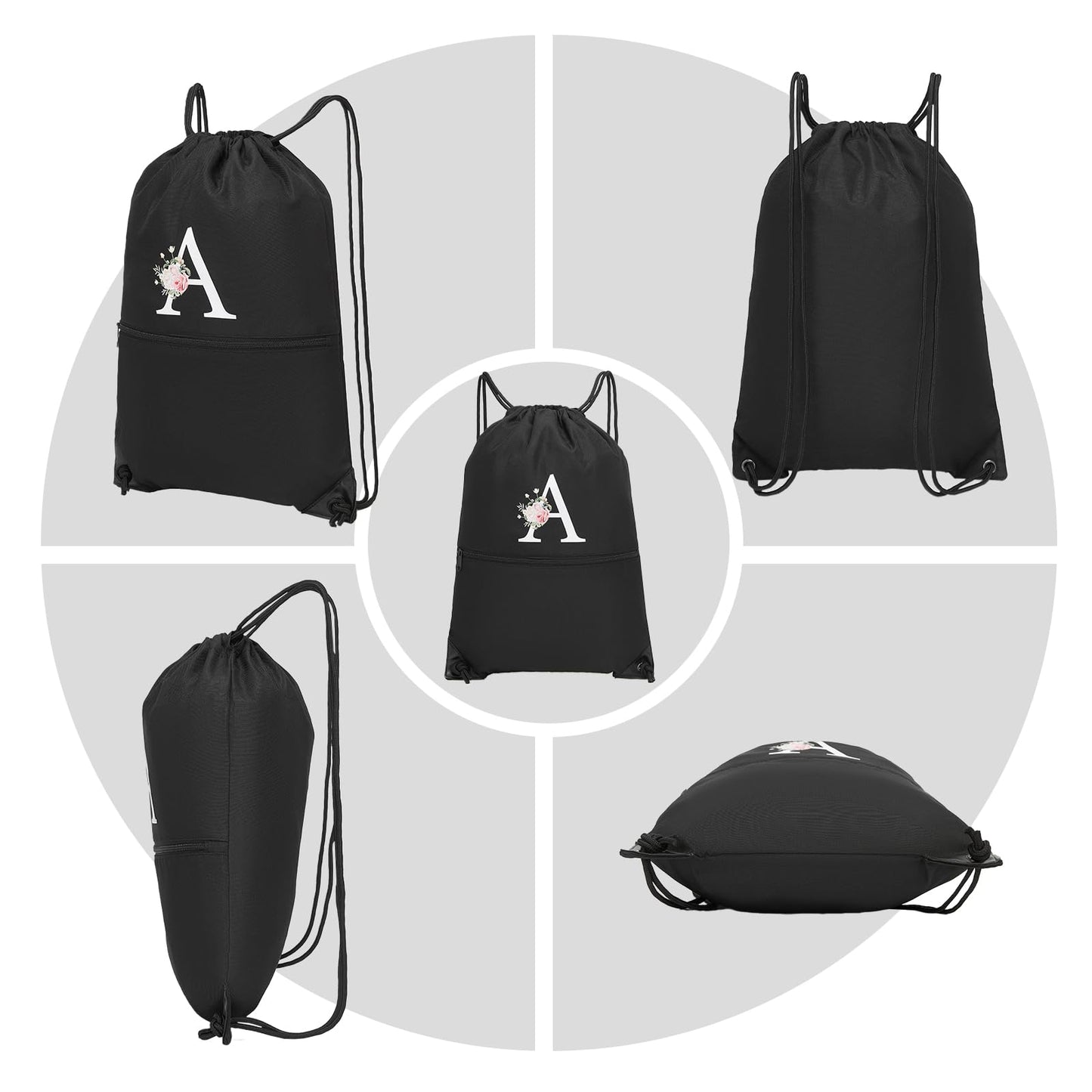 Drawstring Backpack, Personalized Initial Design Drawstring Bags Water Resistant String Bag for Women Men Gym Backpack Track Bag Sackpack Cinch Bags for Sports, Gym, Travel, Beach-Black (Letter J)
