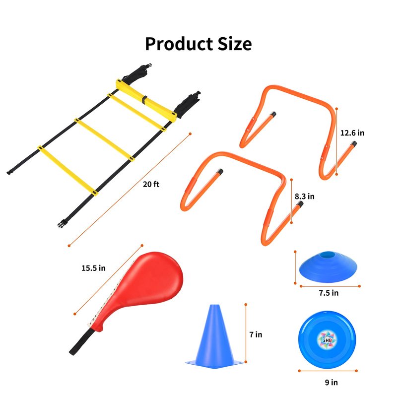 GHB Agility Ladder,Football Agility Training Equipment Set,3 Agility Hurdles,20 feet 12 Rungs Speed Ladder 5 Discs 5 Cones Target pad Bounce Balls ect for Football Basketball Workout Training