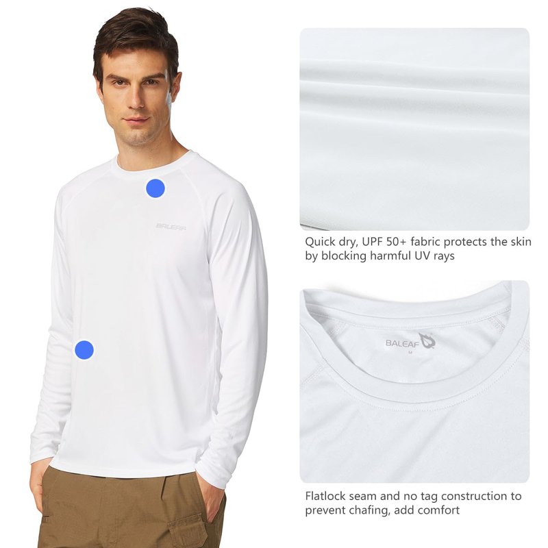baleaf Mens UPF 50+ Sun Protection Shirts Long Sleeve Rash Guard, Quick Dry 4-Way Stretch for Fishing Swimming Surfing 2 Pack-White L