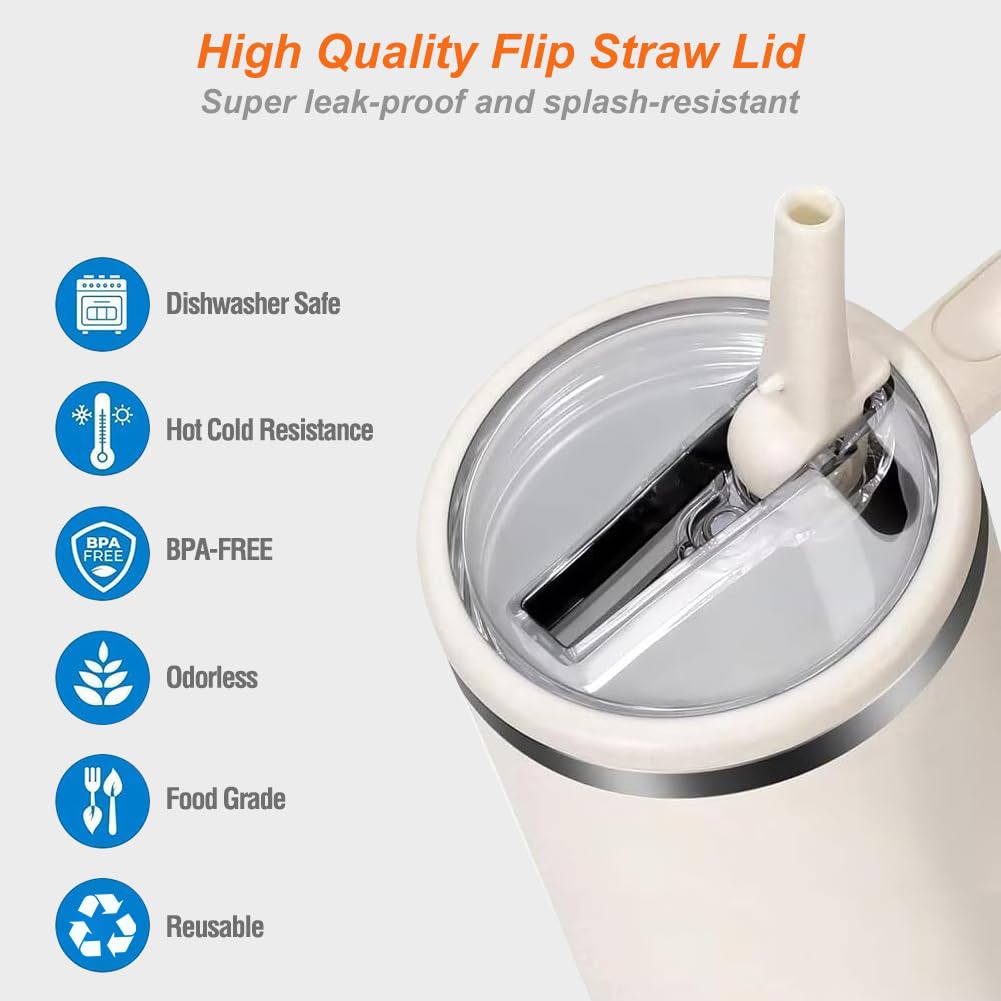 2 Pack Flip Straw Leak Proof Lid for Stanley 40 oz Tumbler Quencher - Reusable Spill Proof Lid Top Cover Stanley 40oz Cup Accessories - Replacement of Leaking Original Stanley Lids - Beige
