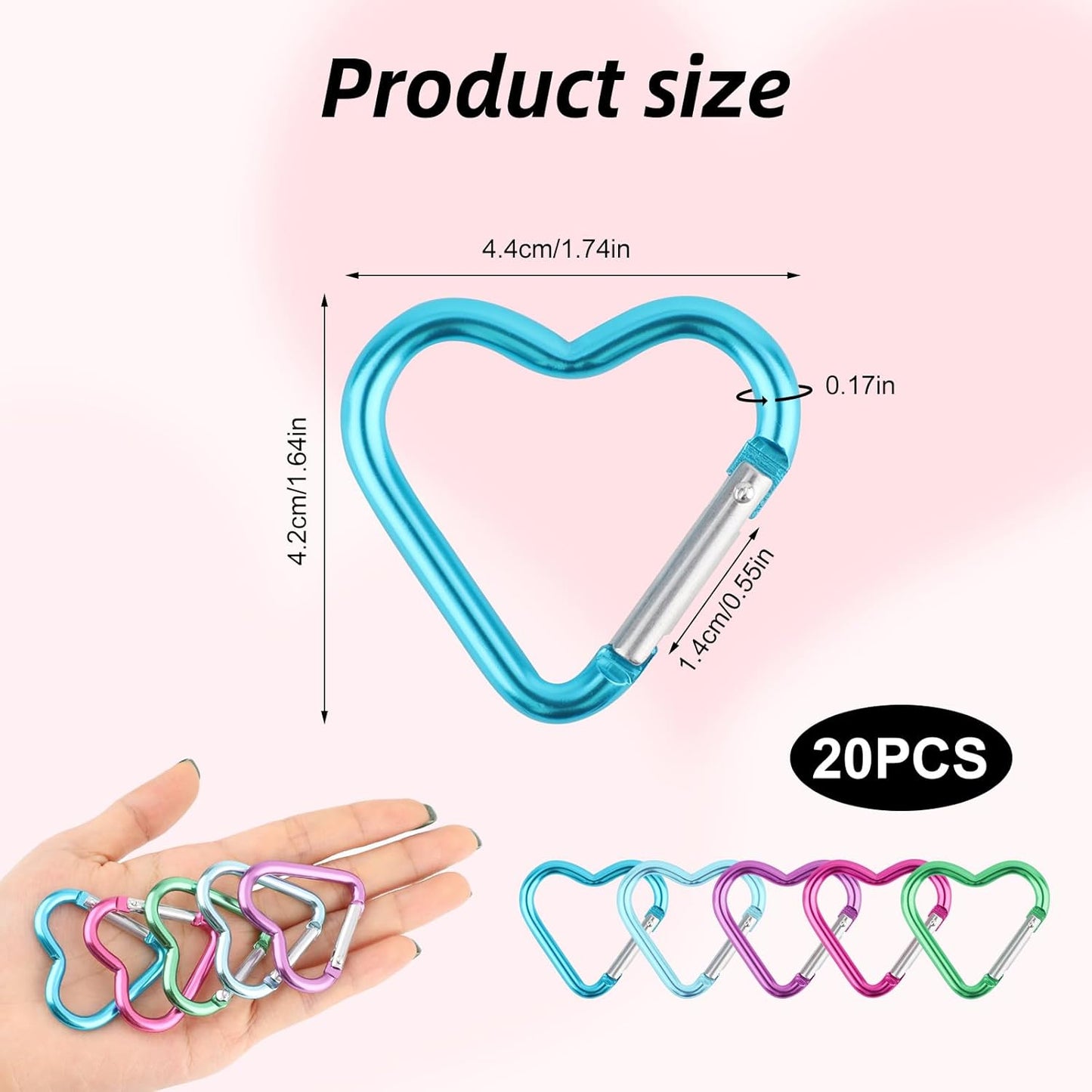 20pcs Heart Shaped Carabiner Keychain Clips,Durable Aluminum Alloy Snap Hooks for Camping Backpack,Dog Leash,Water Bottle Holder,Cute Valentine's Gift for Couple,Wife,Husband (5 Colors)