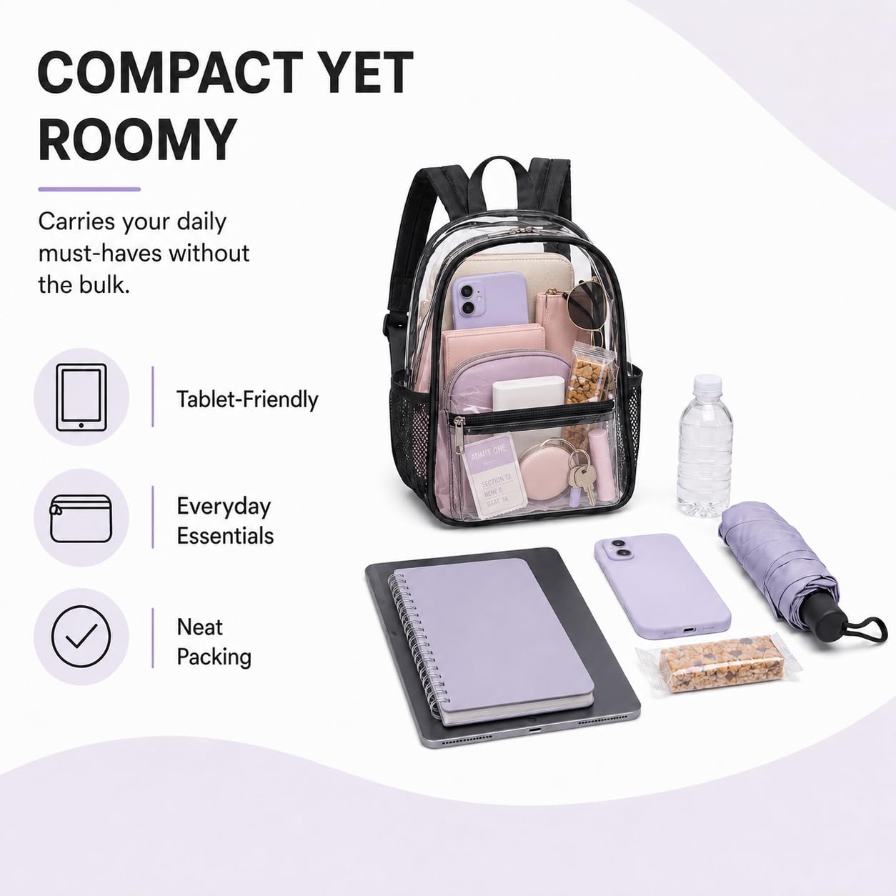 BTOOP Mini Clear Backpack for Stadium Events, 12 x 9 x 5 Inch Transparent PVC Bookbag, Fits Within Common 12x12x6 Stadium Bag Limits, for Concerts, Festivals, Women and Teens