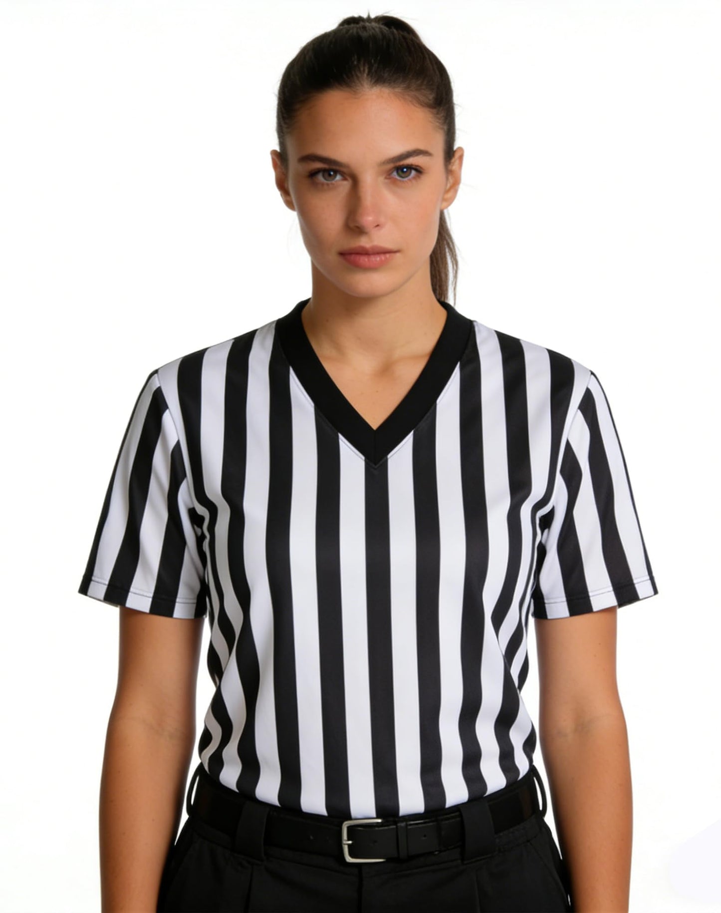 WILLBEFIT Women's Referee Shirt Official Football Basketball V-Neck Ref Jersey for Halloween Costume Umpire Waitress Uniform L