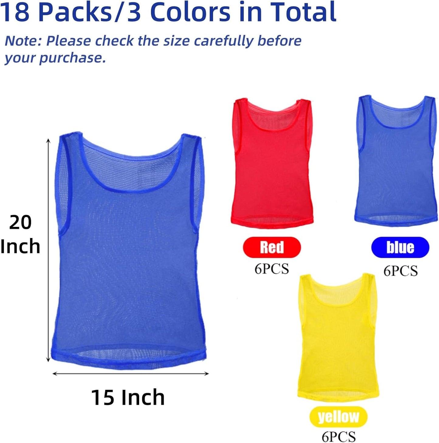 18 Packs Youth Team Pinnies, Kids Scrimmage Training Vest, Training Pennies, Jerseys Mesh Practice Vests for Basketball, Soccer, Football, Volleyball, 3 Colors