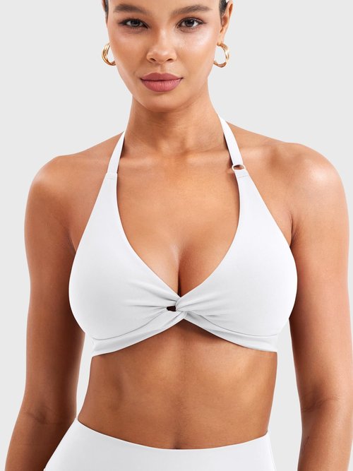 YEOREO Halter Sports Bras for Women Low Impact Removable Padded Adgustable Front Twist Deep V Bra Seamless Workout Gym Crop Tops White M