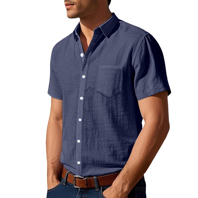 Men's Linen Button Down Shirts Short Sleeve V Neck Solid Collar T-Shirt Fitted Casual Tops Summer Tees Formal Shirt Blue