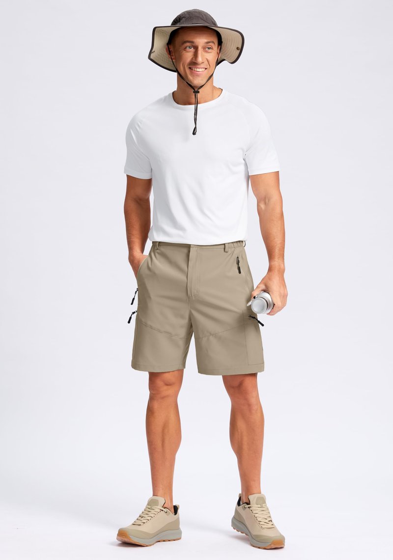 Pudolla Men's Hiking Cargo Shorts Lightweight 7" Travel Casual Shorts for Men Golf Work Outdoor with 5 Zipper Pockets(Dusty Khaki Medium)