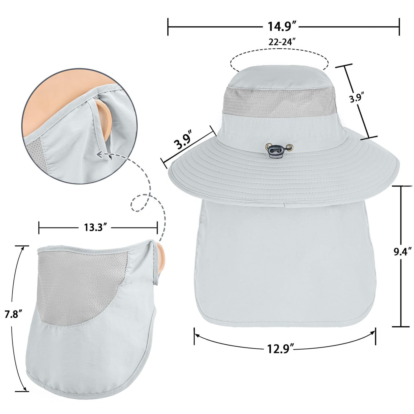 Sun Hats for Men Women Fishing Hat UPF 50+ Face Cover Wide Brim Bucket Hats Summer UV Protection Safari Hat with Neck Flap
