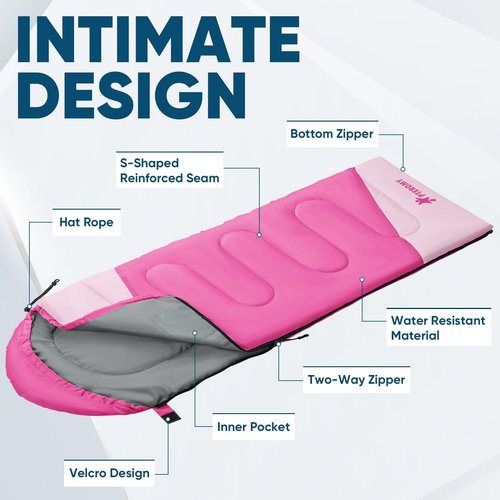 PTEROMY Sleeping Bags for Adults, Lightweight Water Resistant Backpacking Camping Sleeping Bag for Warm Cold Weather, Camping Essentials for Hiking Outdoor Travel (Pink)