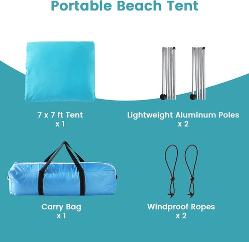 Beach Tent - Beach Shade UPF 50+ UV Protection, 9.8 x 6.5 FT, Anti-Wind Beach Canopy with 2 Poles, 2 Windproof Ropes, 1 Portable Bag, Beach Tent Sun Shelter Perfect for Picnics, Outdoors - Turquoise
