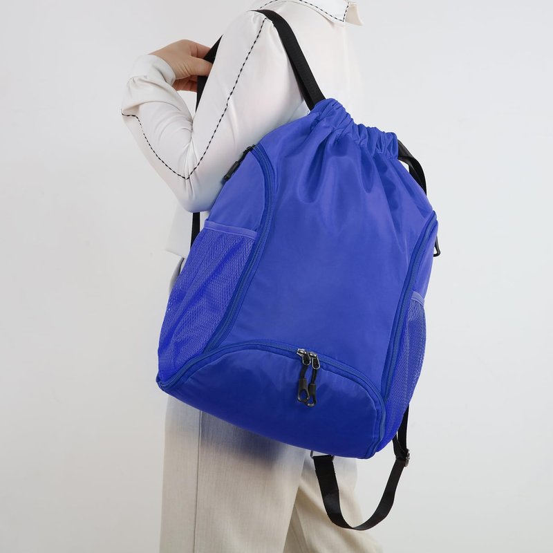 Valleycomfy Sports Gym Bag Drawstring Backpack with Shoes Basketball Bag and Two Water Bottle Holder,Sapphire Blue