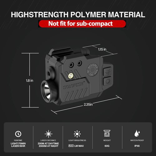 Solofish 800 Lumens Pistol Light Laser Combo, Strobe Function for Green/Red/Blue Laser and Tactical Light with Slidable Rail Fits Full Size Guns w/Rail
