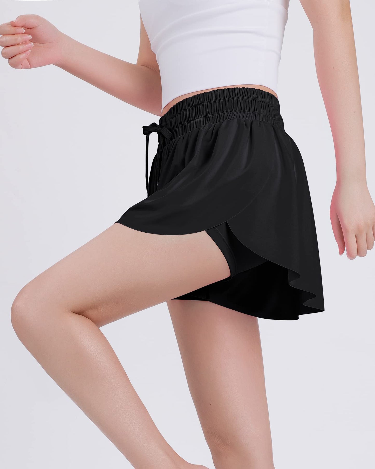JOCMIC Girls Flowy Shorts, 2 in 1 Preppy Butterfly Shorts with Spandex Liner for Cheer Athletic Gym Teens Casual Clothes Black 10 Years
