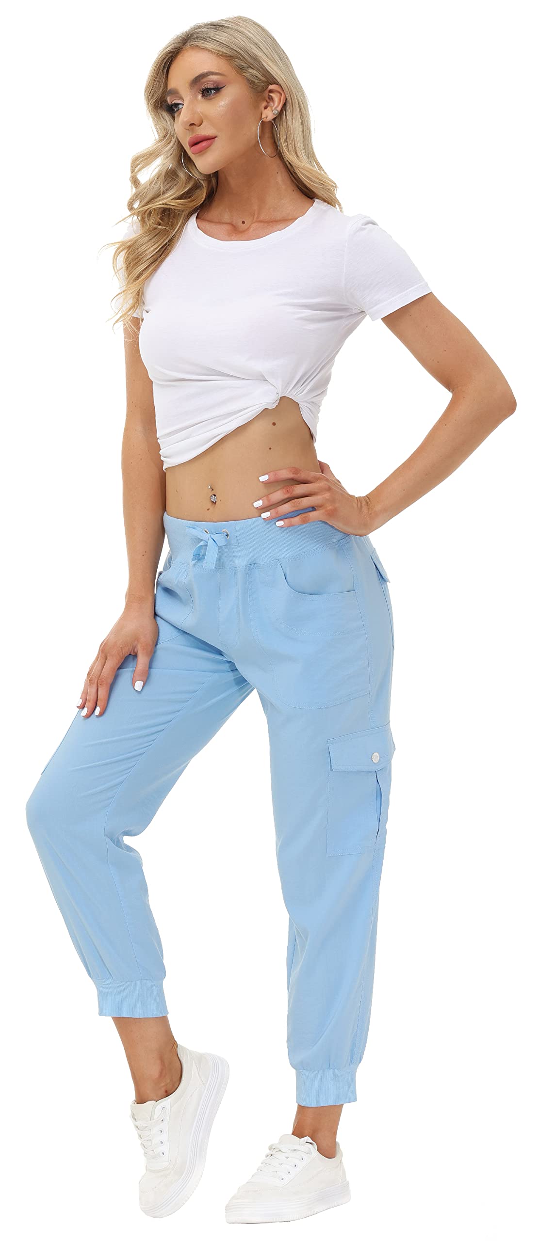 MoFiz Summer Cargo Pants for Womens Quick Dry Outdoor Casual Travel Lounge Hiking Pant Running Joggers Sweatpants with Pockets Wathet 2XL
