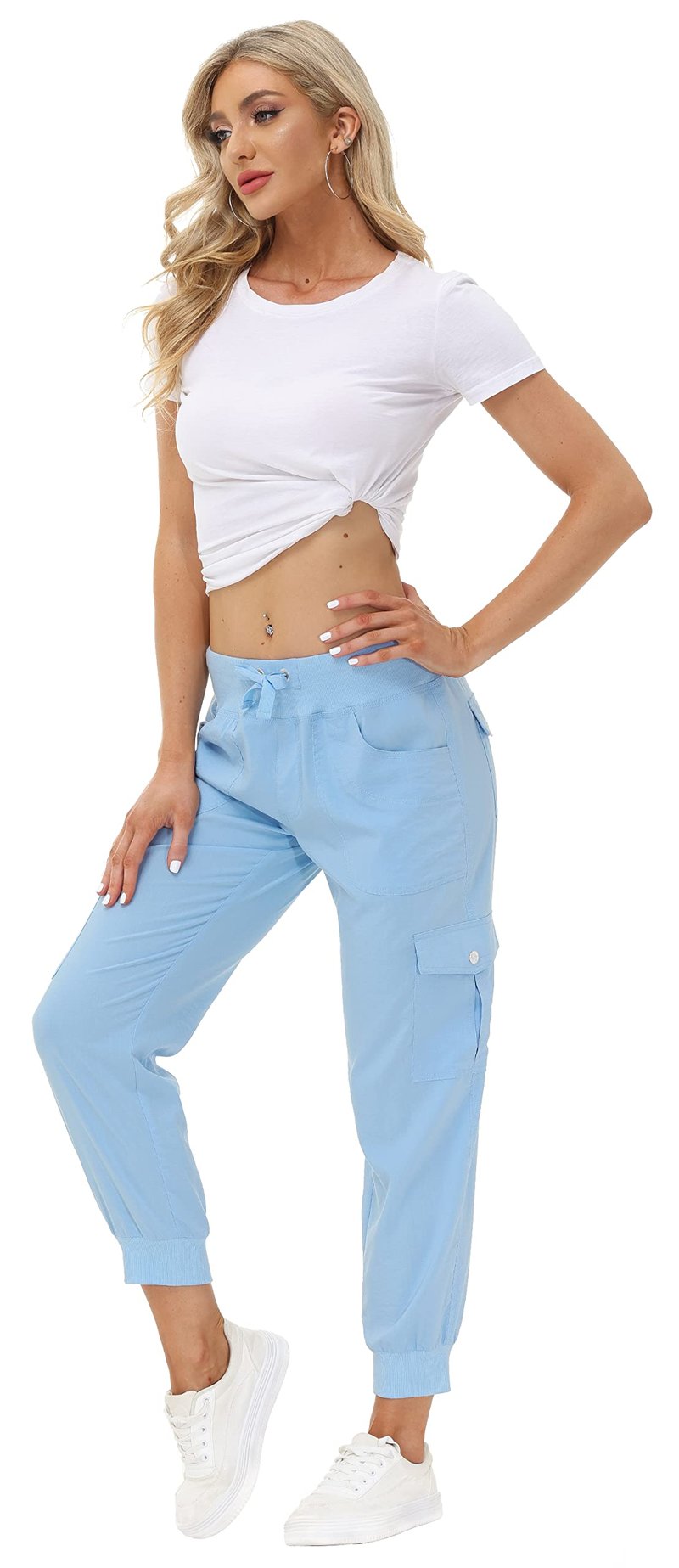 MoFiz Summer Cargo Pants for Womens Quick Dry Outdoor Casual Travel Lounge Hiking Pant Running Joggers Sweatpants with Pockets Wathet 2XL