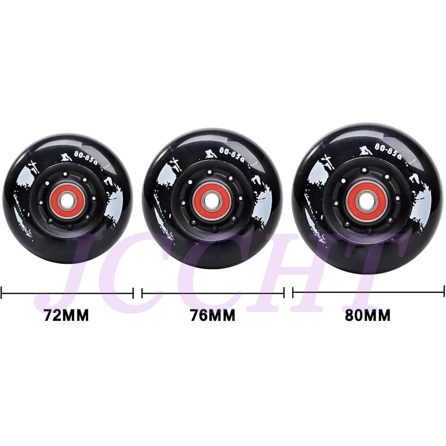 JCCHT 72mm/76mm/80mm 85A Inline Skate Wheels, Indoor Outdoor Roller Skate Wheels Replacement 8 Pack with Bearings,Black,80mm
