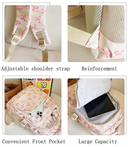 Bow Backpack for Women 3Pcs Set Kawaii Coquette Nylon Backpack Cute College Laptop Rucksack Fashion Travel Daypack (White Pink)